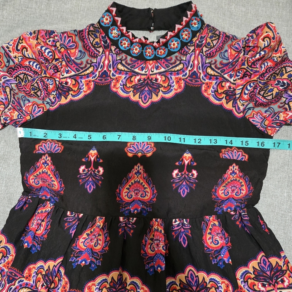 Anthropologie Boho Paisley Print Mock Neck Long Sleeve Mini Dress Size 0P - Picture 12 of 16